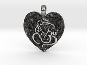 Ganesha with Om Heart Pendant in Polished Silver: Medium
