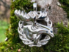 Moose Antlers Head Pendant Jewelry  in Polished Silver