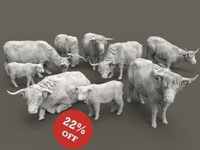 Highland Cattle Set 1:56 nine different pieces in Smooth Fine Detail Plastic