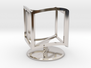 Wireframe Ambiguous Cube with Stand in Rhodium Plated Brass