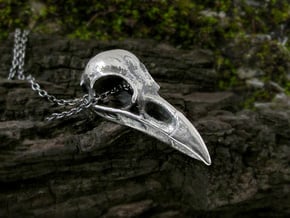 Large Raven Skull Necklace in Antique Silver