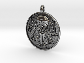 Nordic Silver Skull and Runes Disk Pendant Gift  in Antique Silver