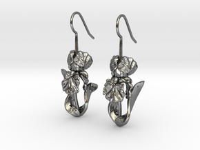 Iris Flower with Leaves Earrings in Polished Silver