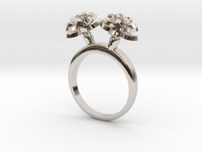 Ring with two small flowers of the Lotus in Rhodium Plated Brass: 5.75 / 50.875