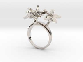 Ring with three small flowers of the Tomato in Rhodium Plated Brass: 5.75 / 50.875