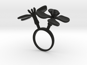 Ring with two large flowers of the Radish in Black Natural Versatile Plastic: 7.75 / 55.875