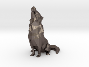 Low-Poly Howling Wolf Decoration in Polished Bronzed-Silver Steel