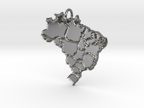 Brazíl Island Map Pendant in Fine Detail Polished Silver: Large