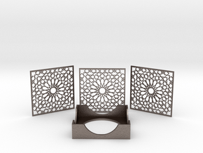 Arabesque Coasters and Holder in Polished Bronzed-Silver Steel
