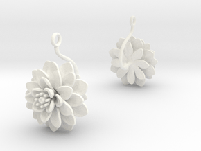 Earrings with one large flower of the Dhalia in White Processed Versatile Plastic