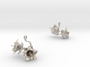 Earrings with two small flowers of the Potato in Rhodium Plated Brass