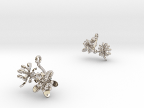 Earrings with two small flowers of the Raspberry in Rhodium Plated Brass