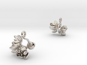 Earrings with three small flowers of the Tulip in Rhodium Plated Brass