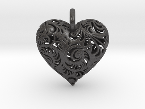 Filigree Heart Pendant in Dark Gray PA12 Glass Beads