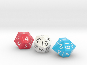 Set of three dice: d14, d16 and d18 in Smooth Full Color Nylon 12 (MJF)