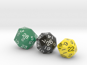 Set of three dice: d22, d26 and d28 in Smooth Full Color Nylon 12 (MJF)