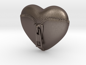 Leather Zipped Heart Pendant in Polished Bronzed Silver Steel