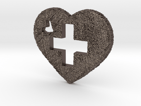 Love Switzerland Heart 3D in Polished Bronzed Silver Steel