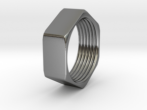 Threaded Hex Nut Ring in Polished Silver