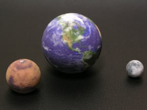 Earth Moon Mars to scale. 50mm / 2" globe in Full Color Sandstone