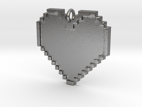Pixel Heart Necklace Pendant or Ornament FIXED in Natural Silver