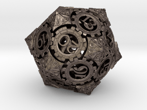 Steampunk D20 (Spindown) in Polished Bronzed Silver Steel