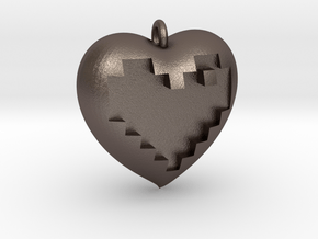 8-bit Heart in Heart Pendant in Polished Bronzed Silver Steel