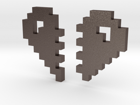 2 Halfs of an 8 Bit Heart (Pixel Heart) in Polished Bronzed Silver Steel