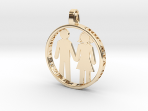 Happy Couple round 3d printed pendant. personaliza in 14K Yellow Gold