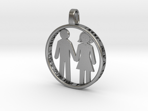 Happy Couple round 3d printed pendant. personaliza in Natural Silver