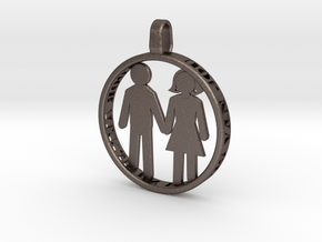 Happy Couple round 3d printed pendant. personaliza in Polished Bronzed Silver Steel