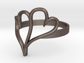 Double Heart Ring (Sz 6) in Polished Bronzed Silver Steel