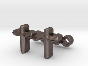 Cross Cufflinks Set in Polished Bronzed Silver Steel