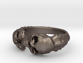 Double Skull Ring in Polished Bronzed Silver Steel