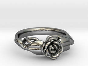 Ring with a rose on a branch in Fine Detail Polished Silver