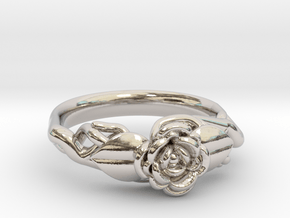 Ring with a rose on a branch in Rhodium Plated Brass