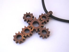 Steampunk Gear Cross - Static in Polished Bronze Steel