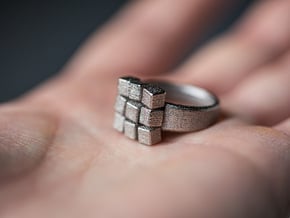 Irregular Cube Ring in Polished Nickel Steel
