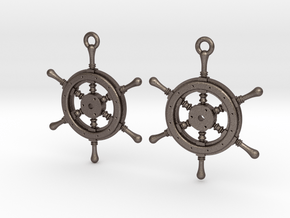 Ship wheel earrings in Polished Bronzed Silver Steel