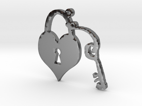 Heart Lock and Key Necklace Pendant in Fine Detail Polished Silver