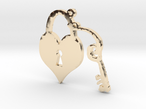 Heart Lock and Key Necklace Pendant in 14k Gold Plated Brass