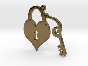 Heart Lock and Key Necklace Pendant in Polished Bronze