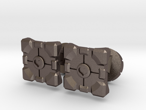 Portal companion cube cufflinks in Polished Bronzed Silver Steel