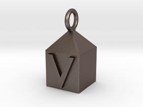 Keychain With Letter - V in Polished Bronzed Silver Steel