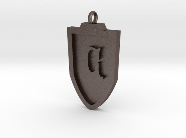 Medieval C Shield Pendant in Polished Bronzed Silver Steel