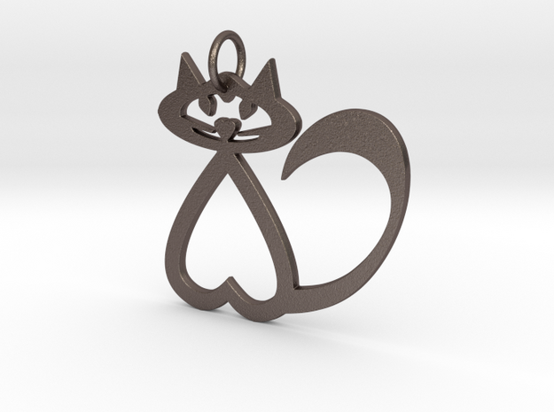 Heart Cat Keychain in Polished Bronzed Silver Steel