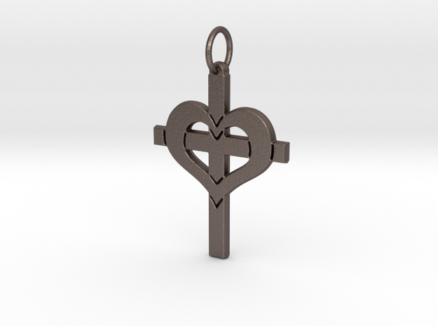 Christ in your Heart Crucifix Pendant in Polished Bronzed Silver Steel