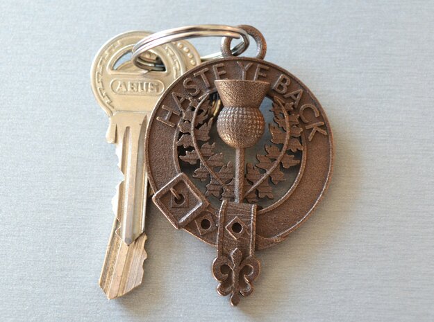Scottish Thistle key fob "Haste Ye Back" in Polished Bronze Steel