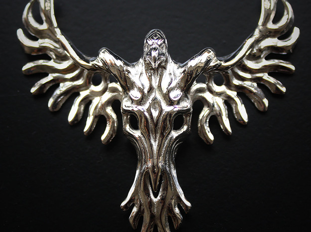 Rebirth Phoenix & Bull Skull Pendant: Small in Polished Silver