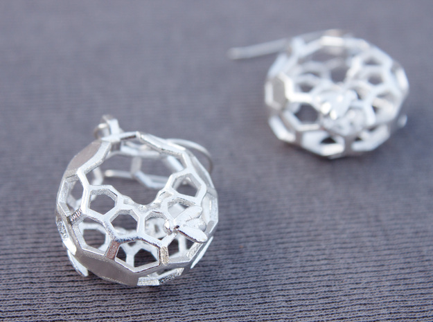 Bees and Honeycomb Earrings - Circular in Natural Silver